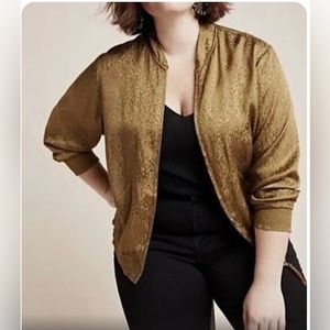 Maeve Anthropologie Plus Size Green Satin Burnout Leopard Zip Bomber Jacket